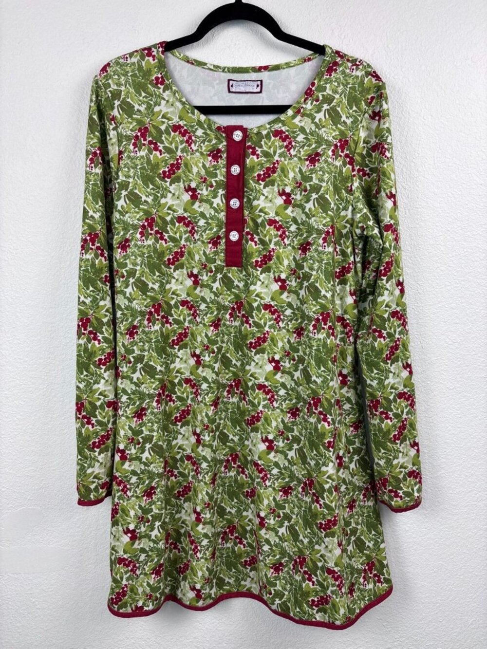 SweetHoney women's‎ large green red floral long sleeve night gown sleep shirt